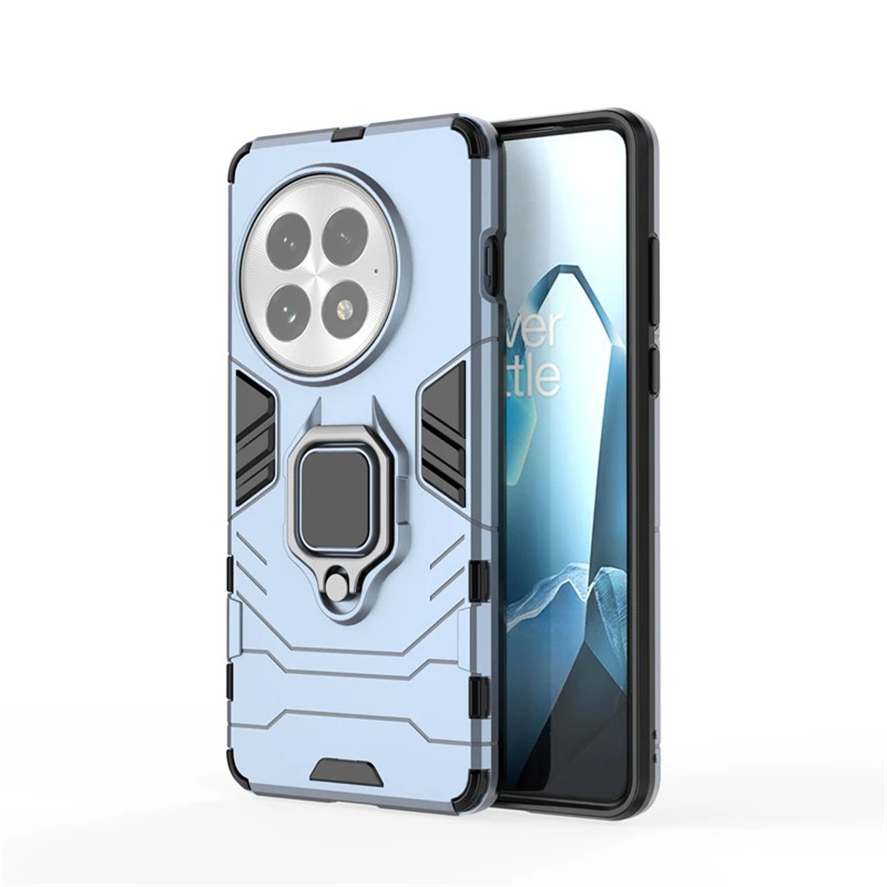 Lichtblauwe telefoonhoes met een ringhouder en camerabescherming. De telefoon zit er niet in.