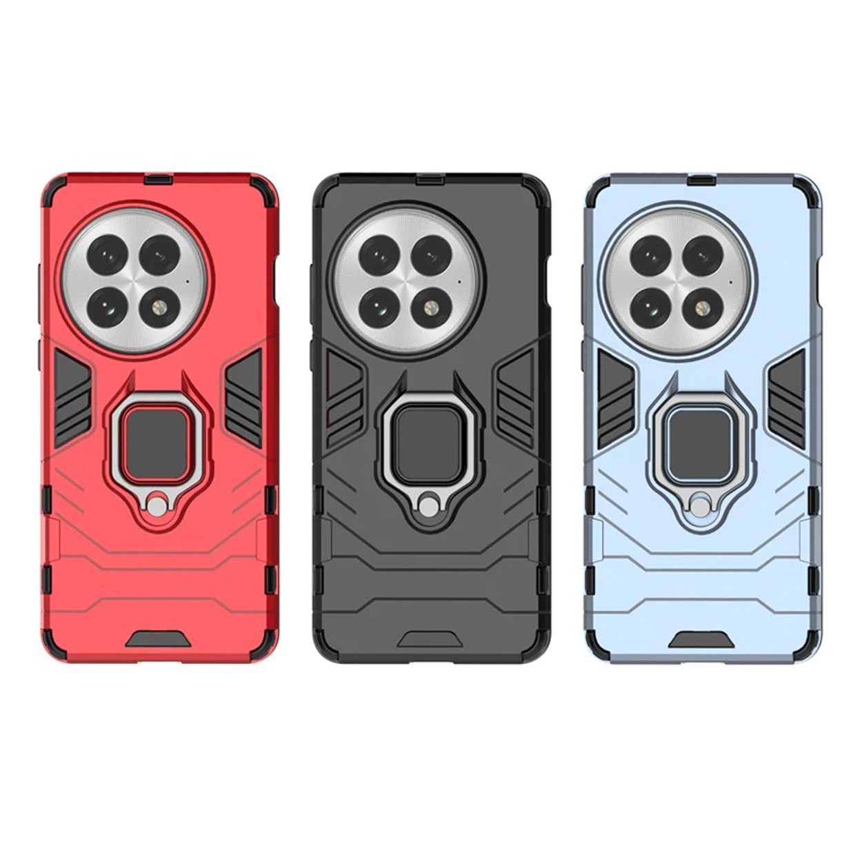 Drie telefoonhoesjes: rood, grijs en lichtblauw. Allemaal hebben ze hetzelfde ontwerp. Alle hoesjes hebben drie cameralenzen.