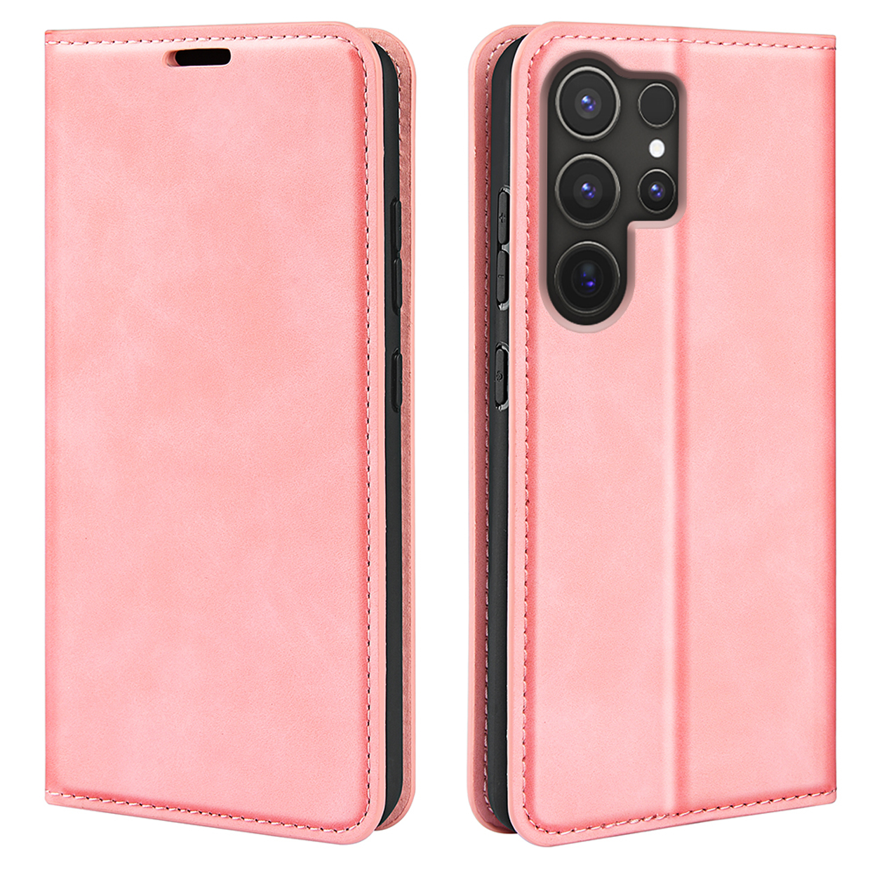 Étui de téléphone en cuir rose, fermé et ouvert, avec une bosse de caméra. L'étui est à la lumière.