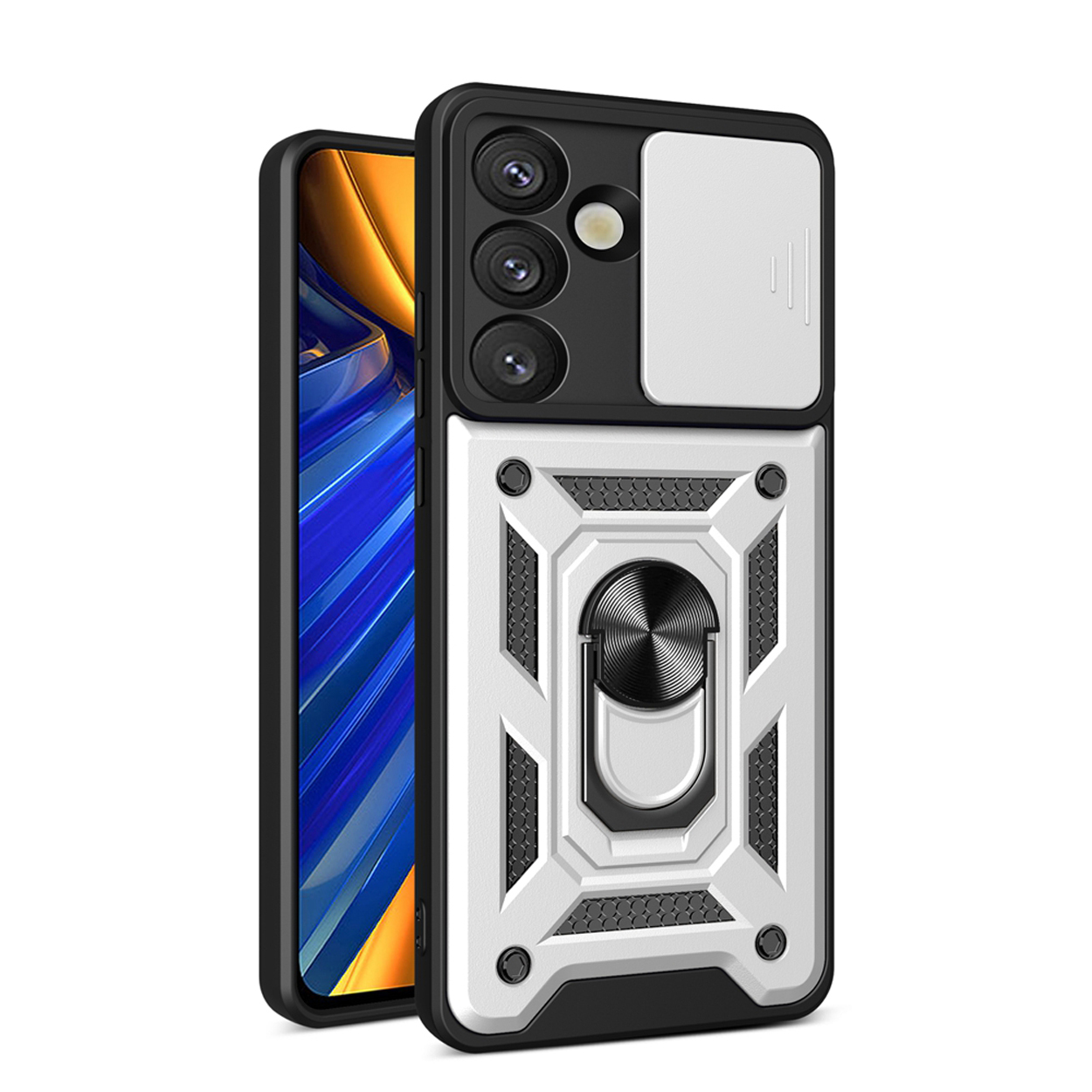 Witte en zilveren telefoonhoes met ringhouder en cameralensbeschermer, telefoon erin.