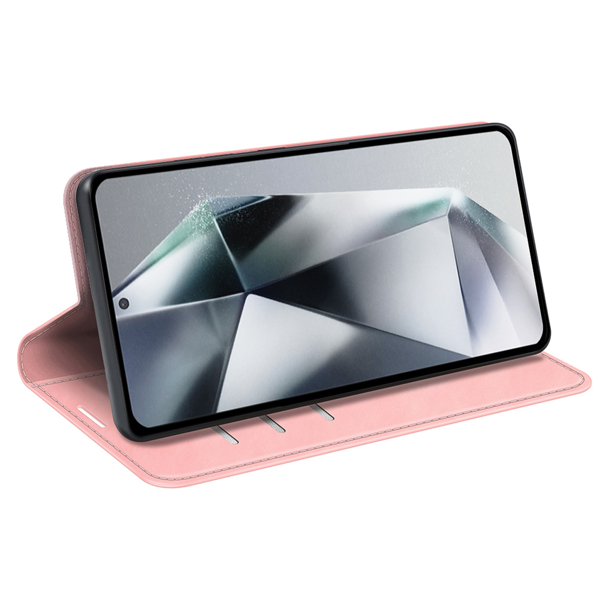 Étui de téléphone rose ouvert avec un téléphone à l'intérieur. Le téléphone affiche une image géométrique.