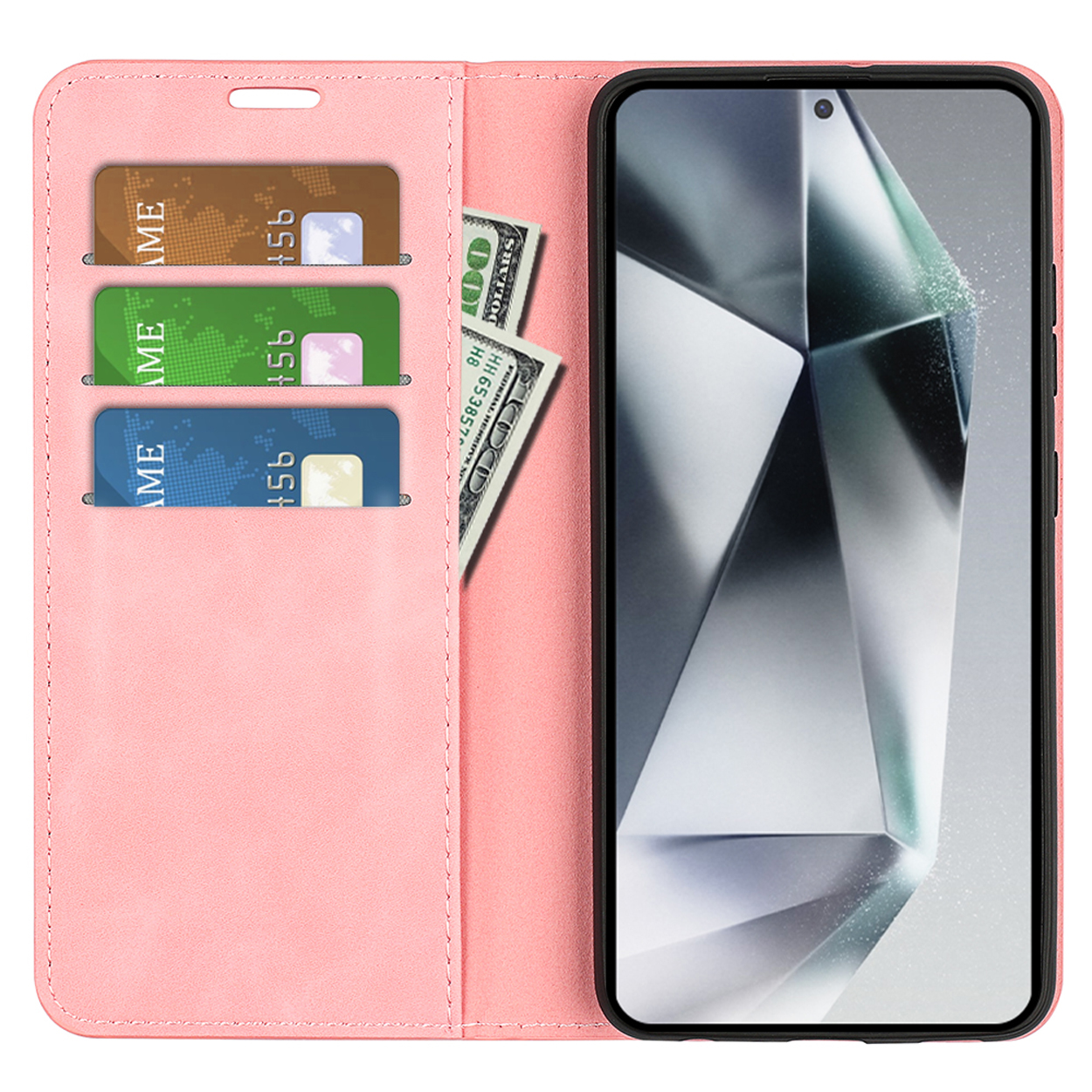 Étui de téléphone rose ouvert, montrant un téléphone, des cartes de crédit et de l'argent. L'étui est en cuir avec une fermeture magnétique.