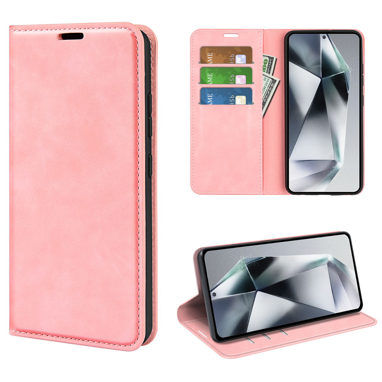 Étui en cuir rose ouvert avec cartes, argent et téléphone à droite.