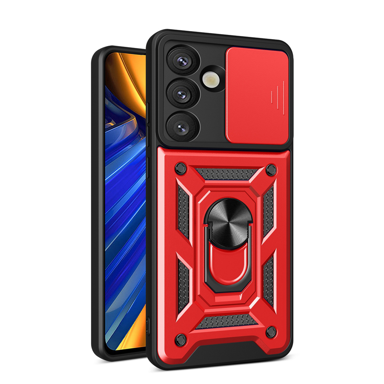 Coque de téléphone rouge et noire avec cache caméra et anneau. Écran de téléphone visible.