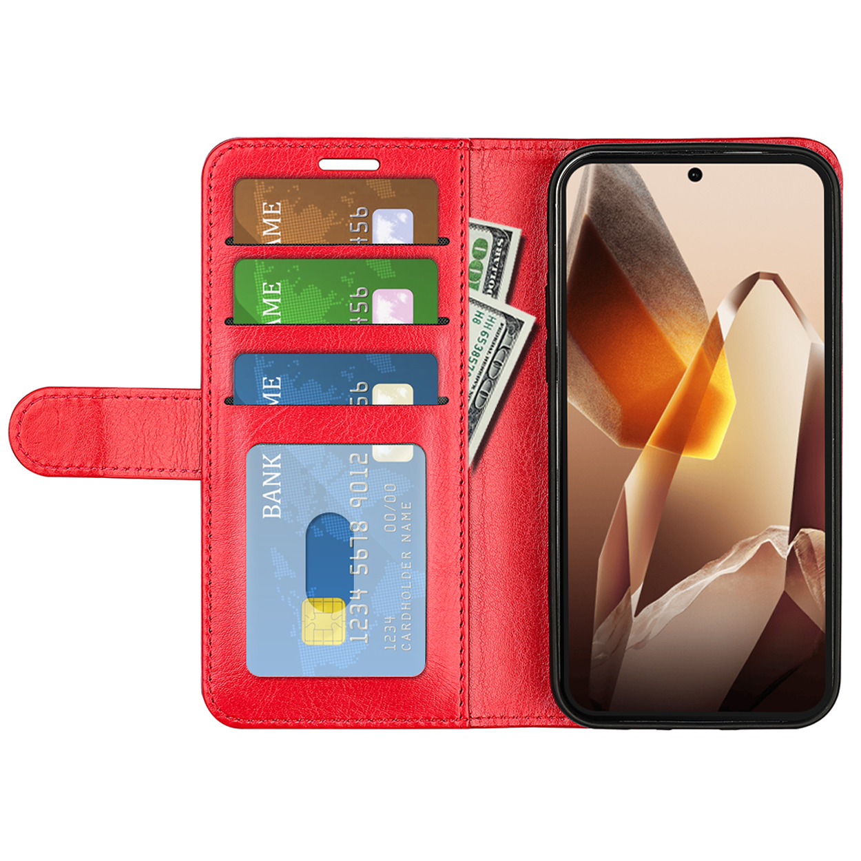 Rode telefoonhoes open. Kaarten, contant geld en een telefoon met geometrisch ontwerp zijn zichtbaar.