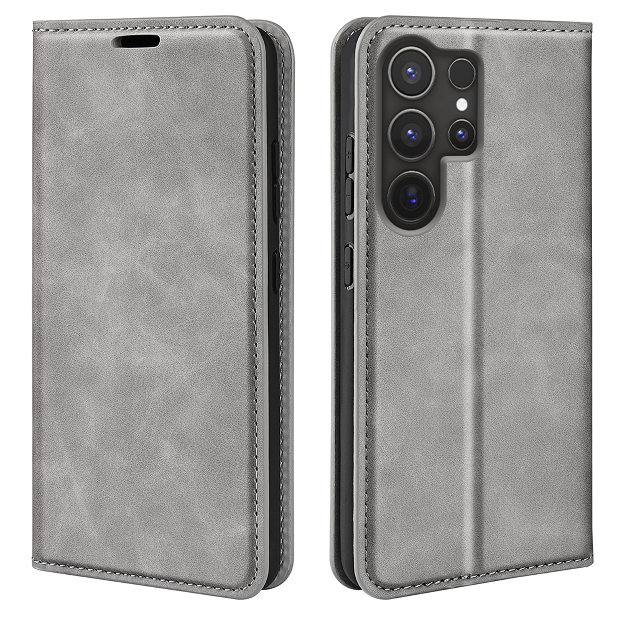 Étui de téléphone gris ouvert, montrant le téléphone à l'intérieur. Coutures visibles.