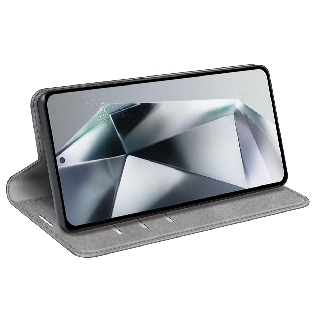 Étui gris avec un téléphone à l'intérieur. Le téléphone affiche un motif géométrique.