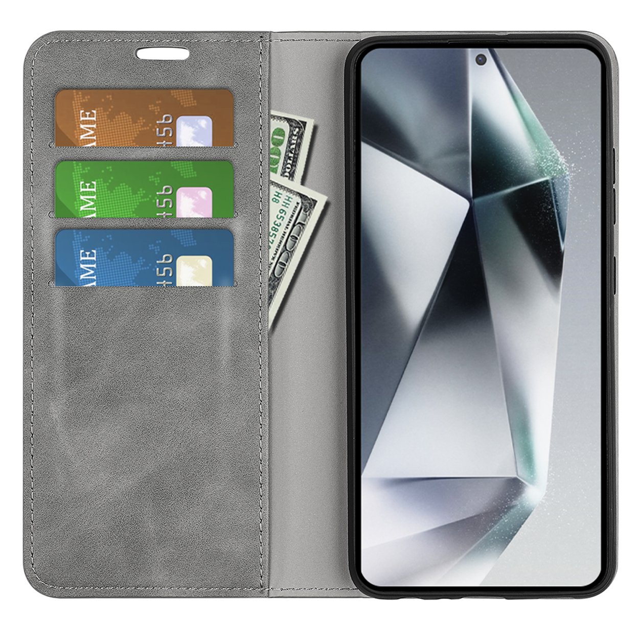 Étui en cuir gris ouvert avec cartes, argent et téléphone à droite.
