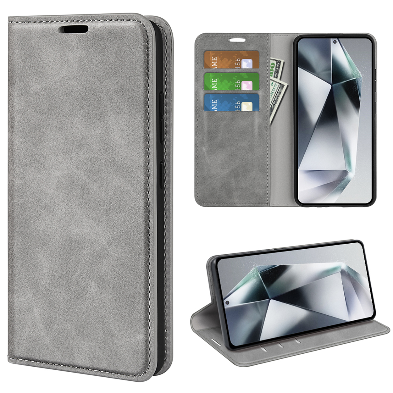 Étui de téléphone gris ouvert. Cartes, espèces et un téléphone avec un design géométrique sont visibles.