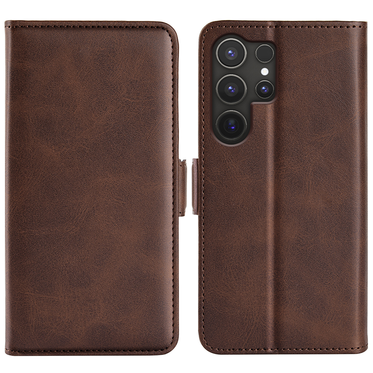 Bruine leren telefoonhoes open en dicht. Telefoon met zichtbare camera's.