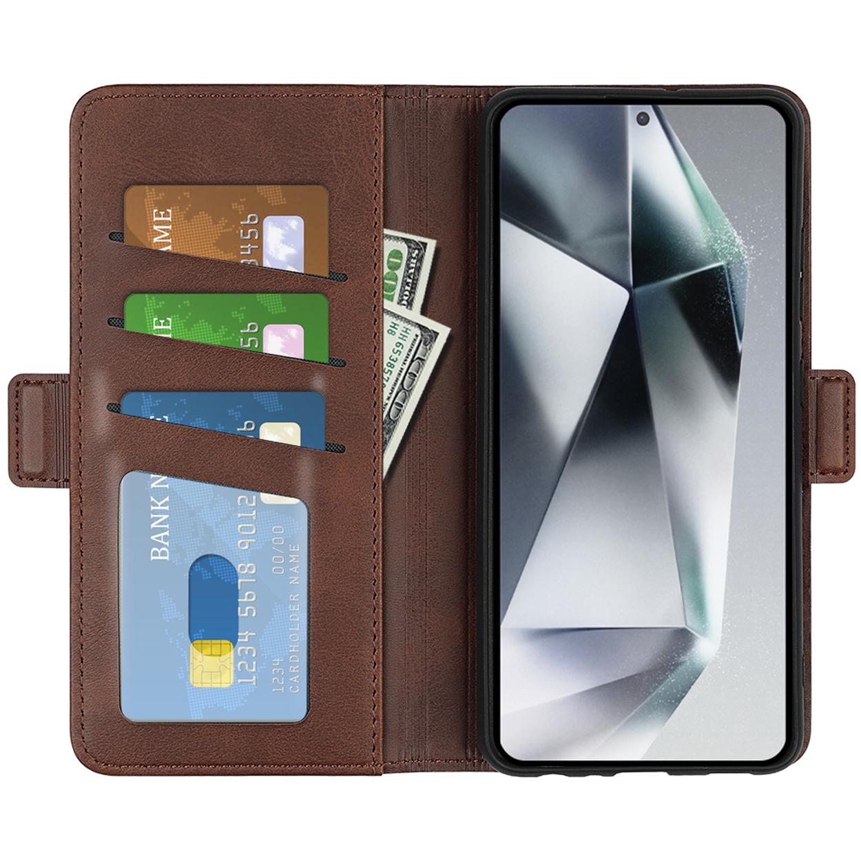 Bruine leren telefoonhoes open, met kaartsleuven, geld en een telefoon.