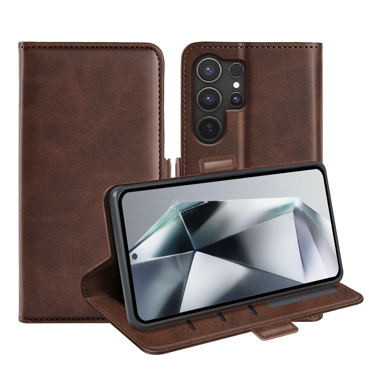 Open bruine leren telefoonhoes met telefoon erin. De telefoon toont een diamantpatroon.
