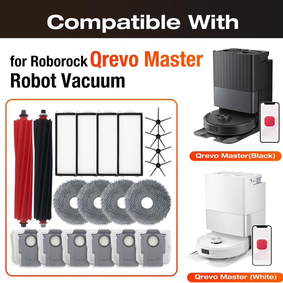 Akcesoria do robota sprzątającego Roborock Qrevo Master. Zawiera szczotki, filtry i nakładki.