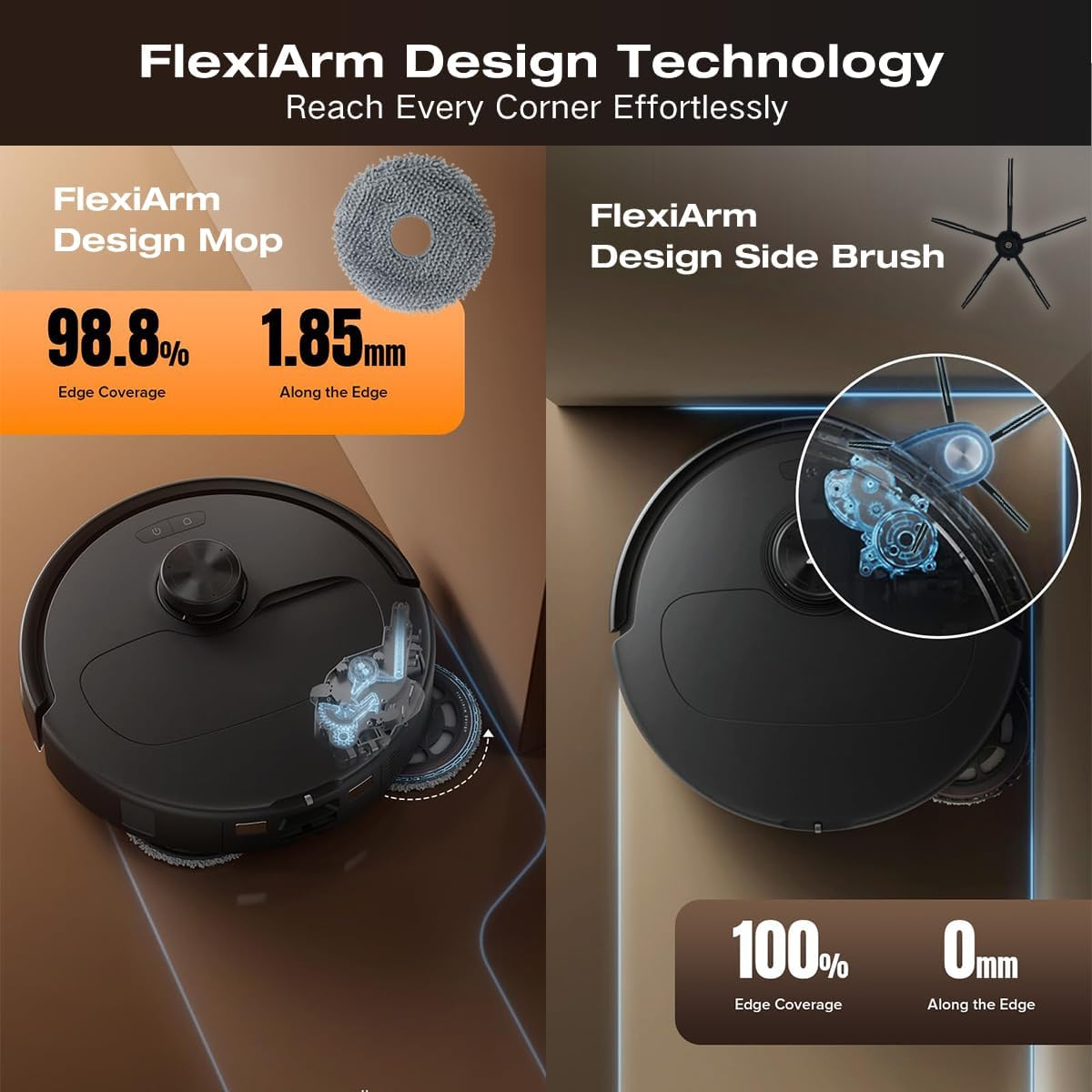 Schemat czarnego robota odkurzającego. Diagram podkreśla czyszczenie krawędzi i funkcje szczotki bocznej.