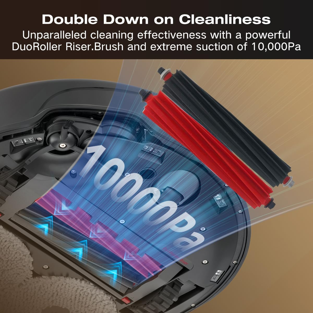 Robot odkurzający z tekstem wskazującym moc ssania 10000 Pa i niebieskimi strzałkami.