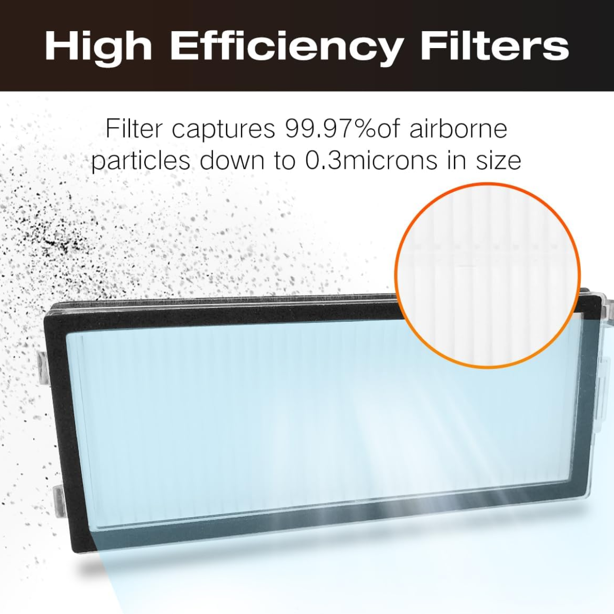 Filtr cząstek zawieszonych. Filtr wychwytuje 99,97% cząstek do 0,3 mikrona. Widoczny jest zbliżenie filtra.