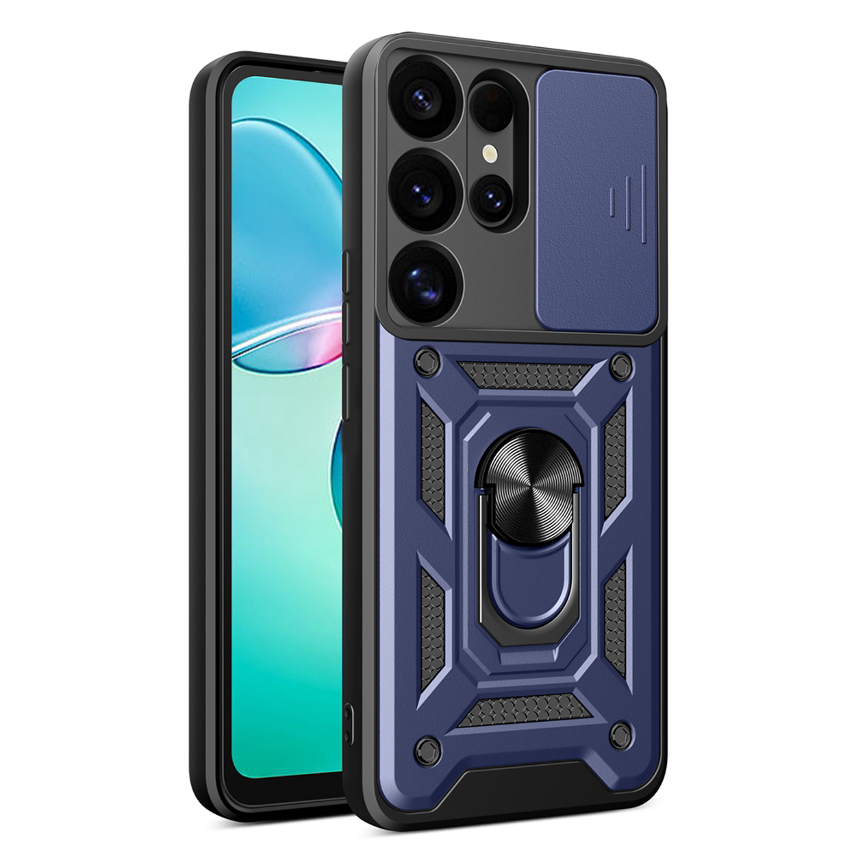 Een blauw-zwarte telefoonhoes met een ringhouder en een telefoon links.