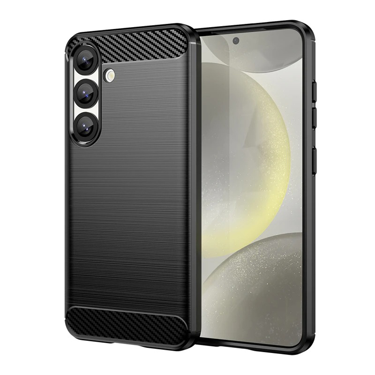 Coque de téléphone noire avec texture fibre de carbone et trois objectifs.
