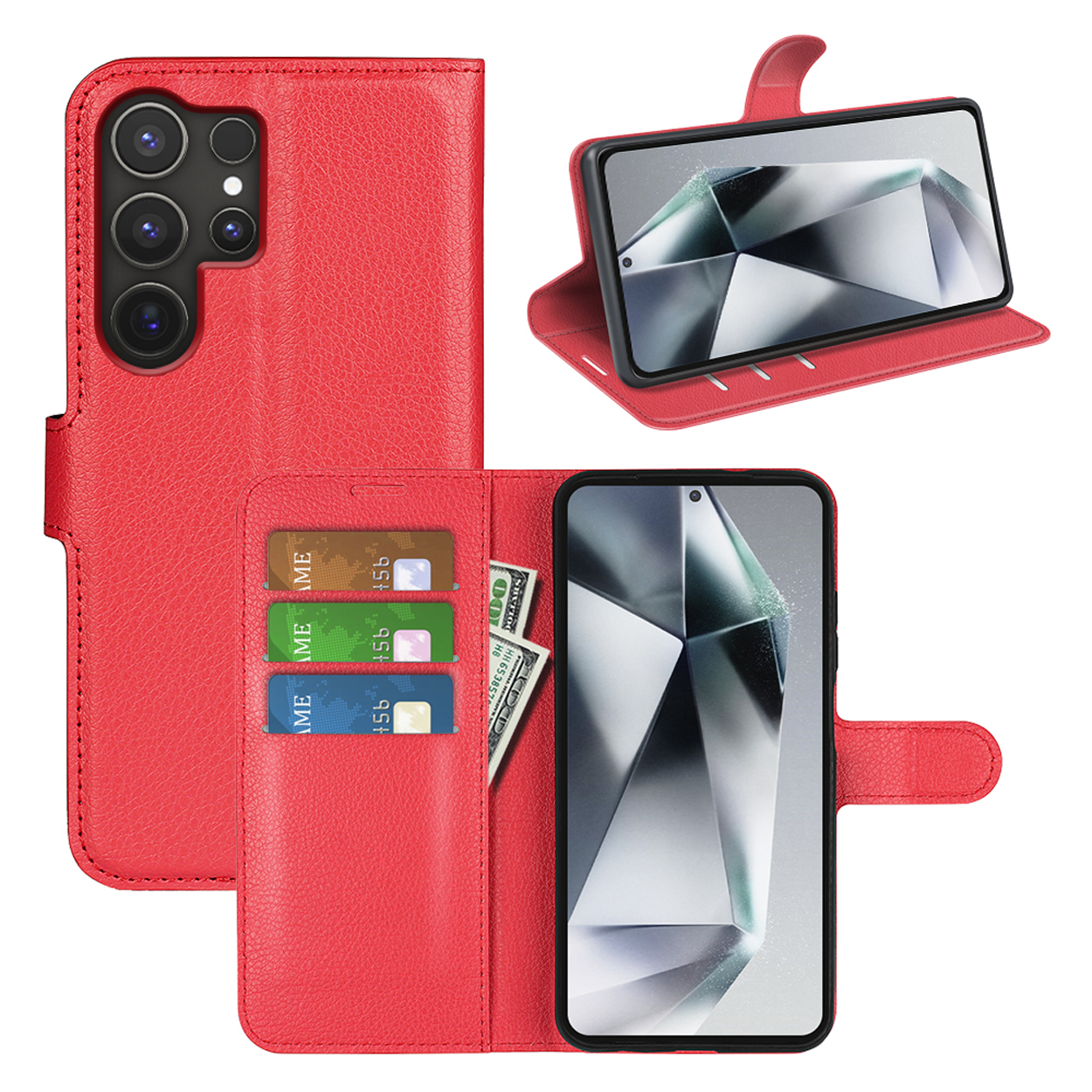Rode leren telefoonhoes, open, met een telefoon, kaarten en geld zichtbaar.