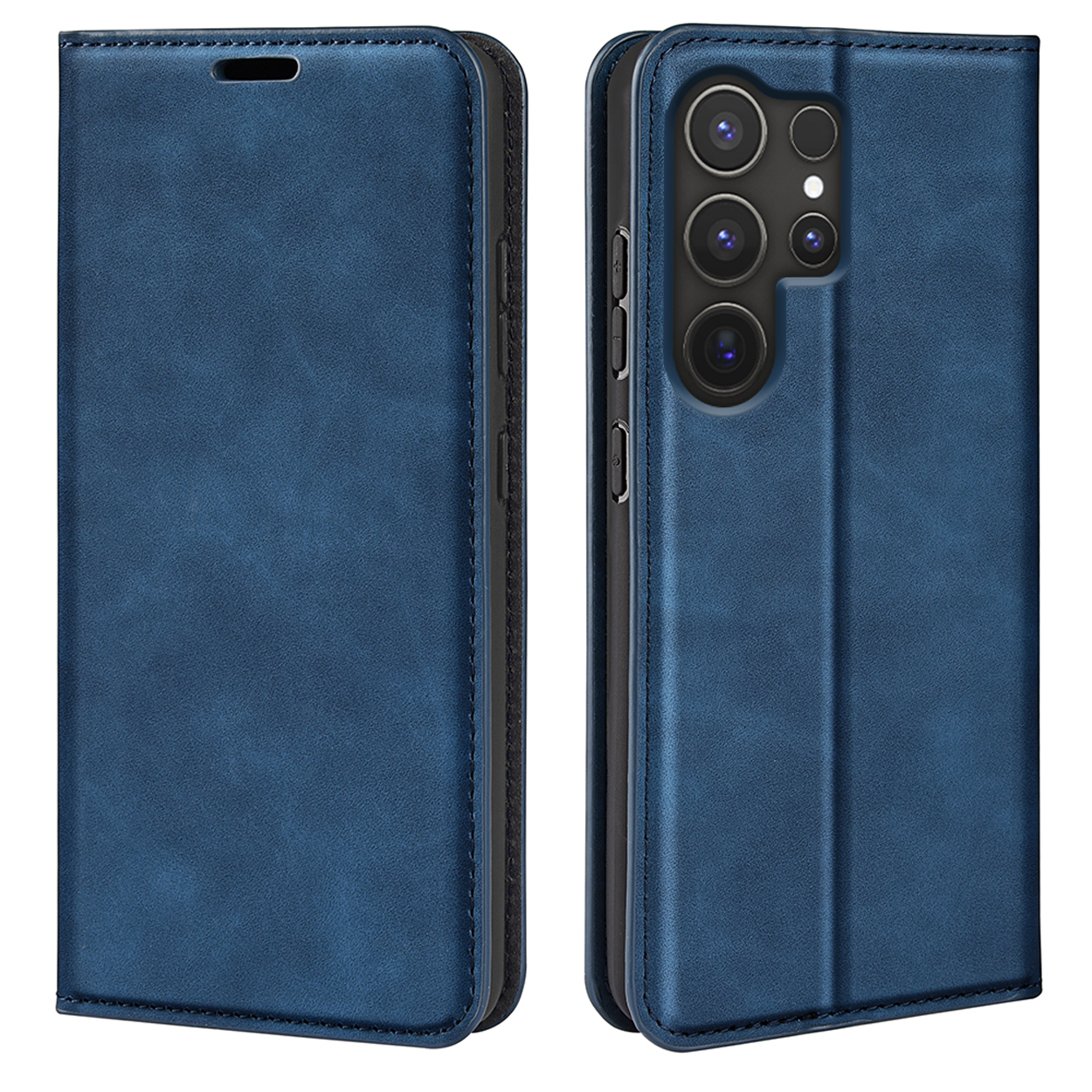 Blauwe leren telefoonhoes open en dicht. Telefoon met zichtbare camera's.