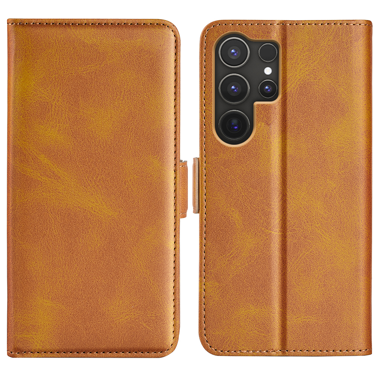Bruine leren telefoonhoes open. De hoes toont een telefoon. De hoes heeft kaartsleuven en een magnetische sluiting.