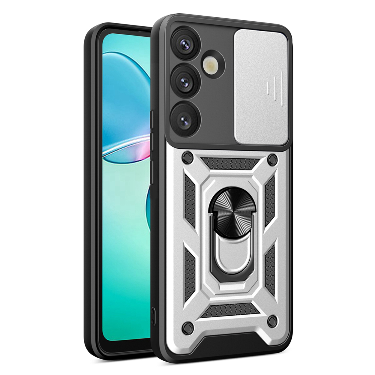 Coque de téléphone argentée avec cache caméra, anneau et design texturé, téléphone à l'intérieur.