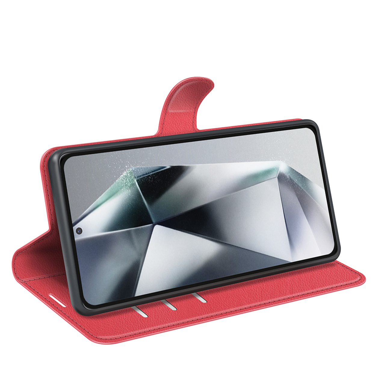Rode telefoonhoes, open, met een telefoon met een geometrisch ontwerp. Witte achtergrond.