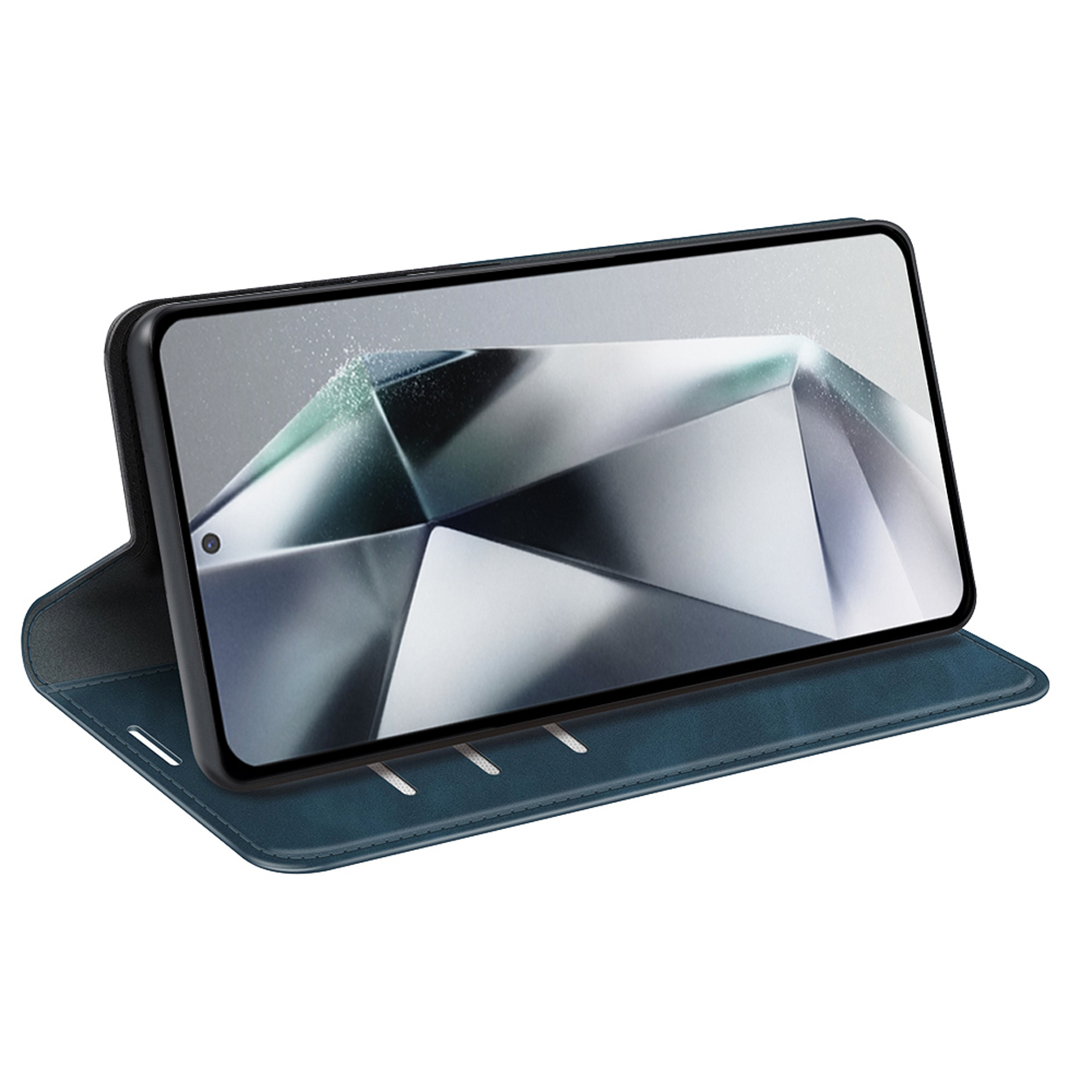 Open telefoonhoes met telefoon. Het scherm heeft een diamantpatroon. De achtergrond is wit.