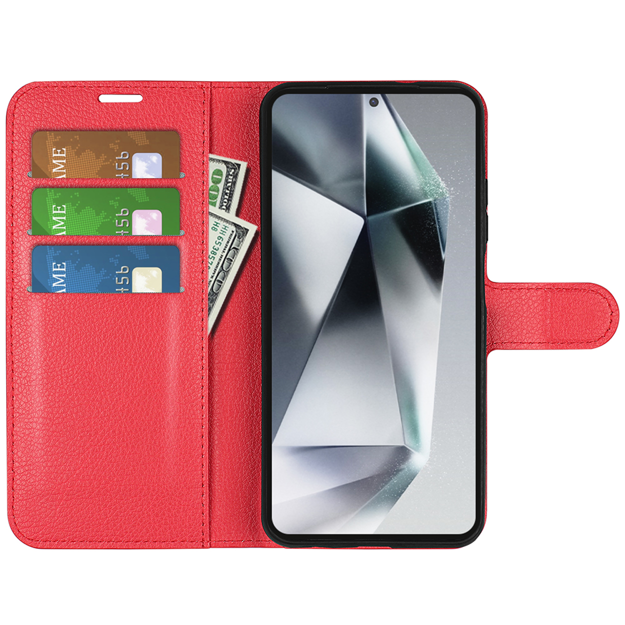 Rode leren telefoonhoes open, met kaarten, geld en telefoon erin.