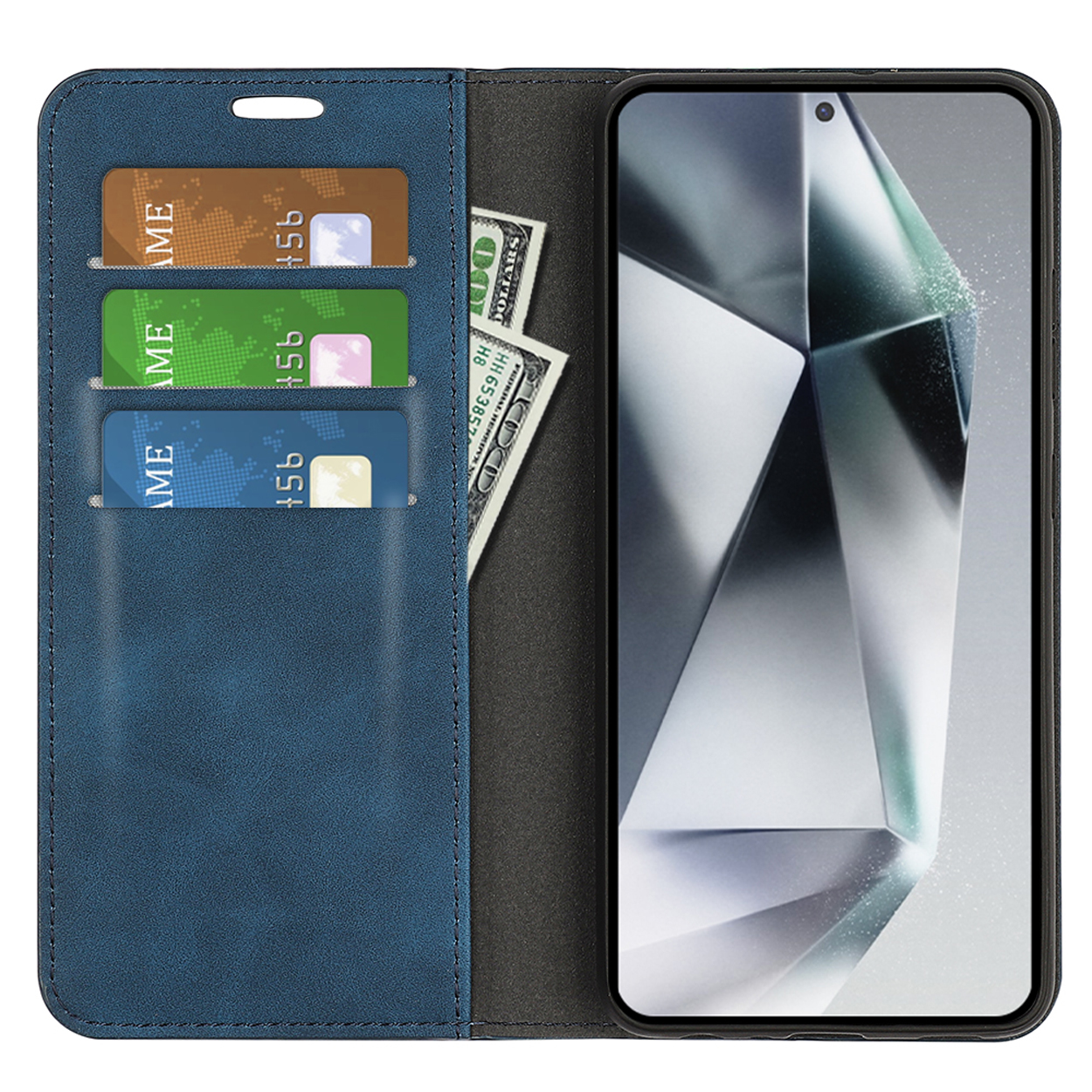 Open blauwe telefoonhoes met kaarten en contant geld. Een telefoon zit in de hoes. Achtergrond is wit.