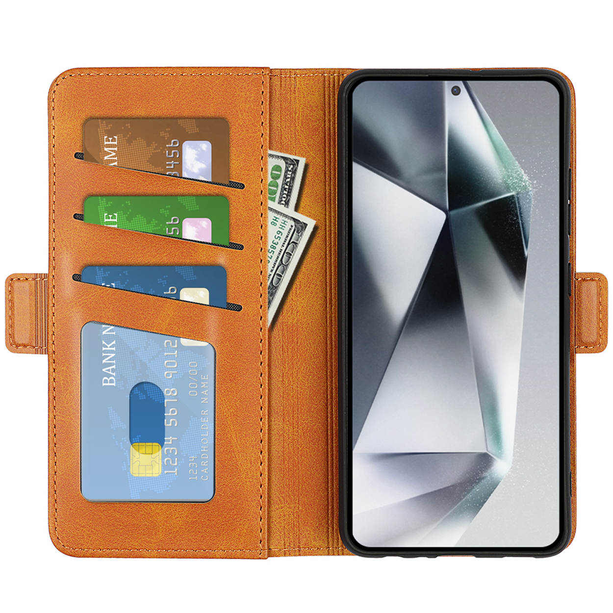 Bruine telefoonhoes open, met kaarten, contant geld en een telefoon met een geometrisch ontwerp.