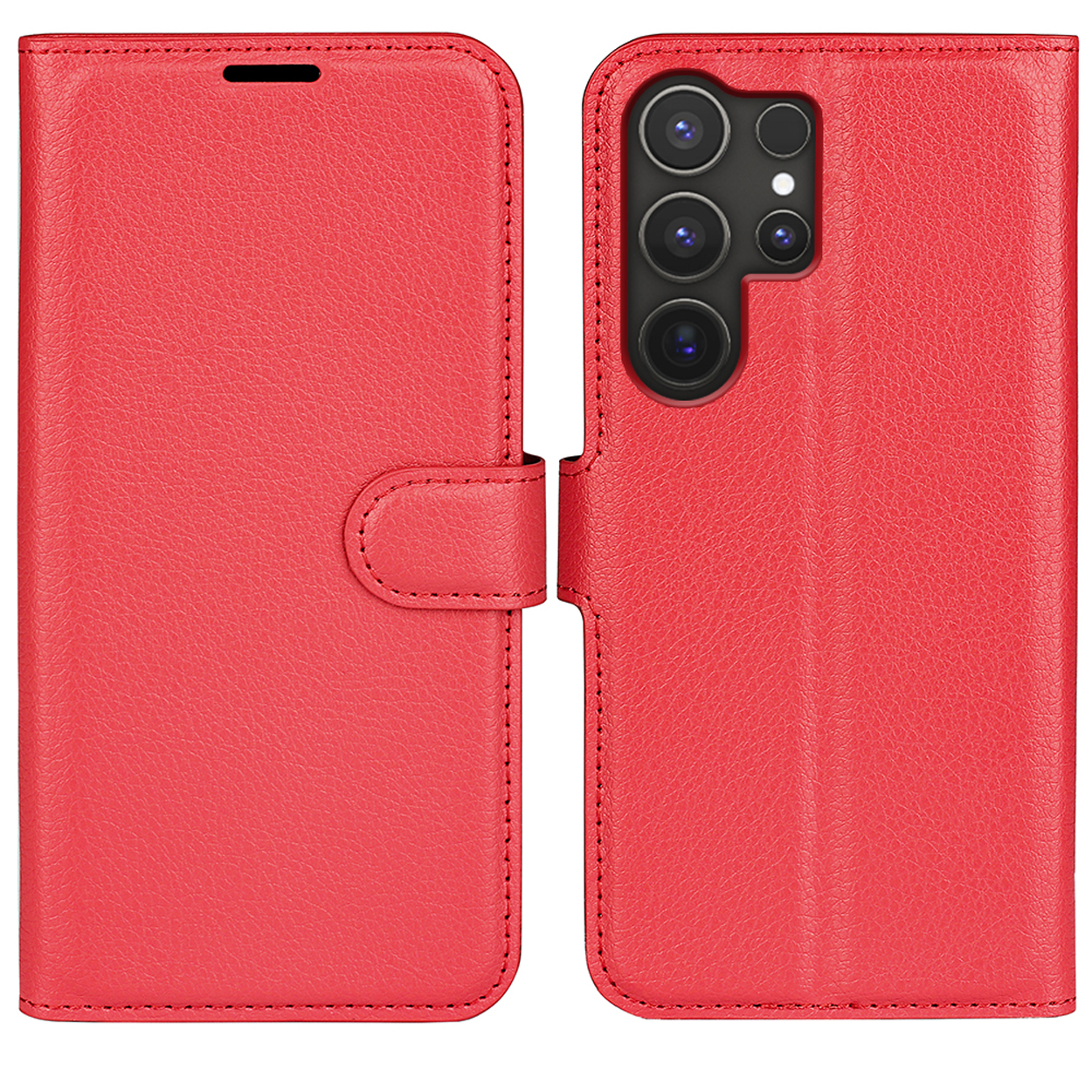 Rode leren telefoonhoes. De hoes is open met de telefoon zichtbaar en heeft drie cameralenzen.