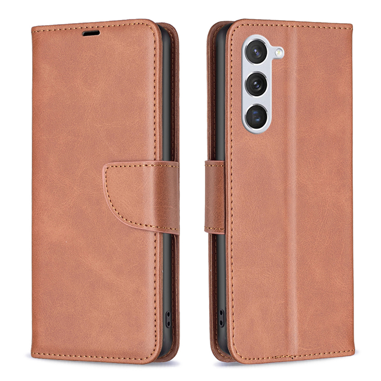 Étui de téléphone en cuir marron fermé et ouvert, avec un téléphone à l'intérieur.