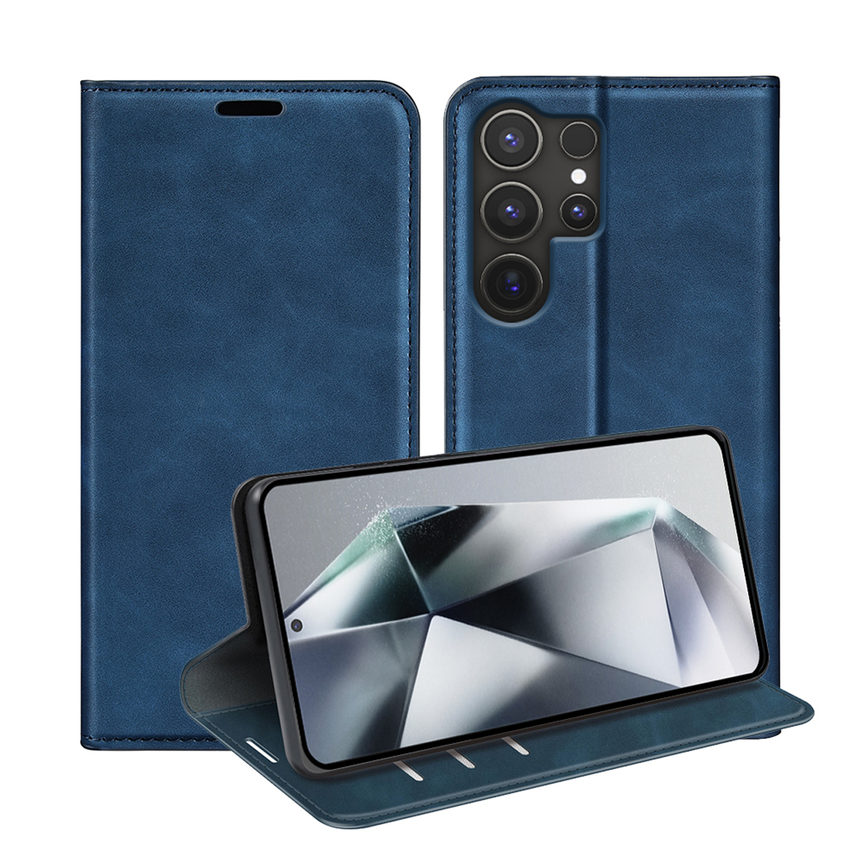 Blauwe leren telefoonhoes, open, met telefoon. Gesloten hoes ernaast, toont camera.