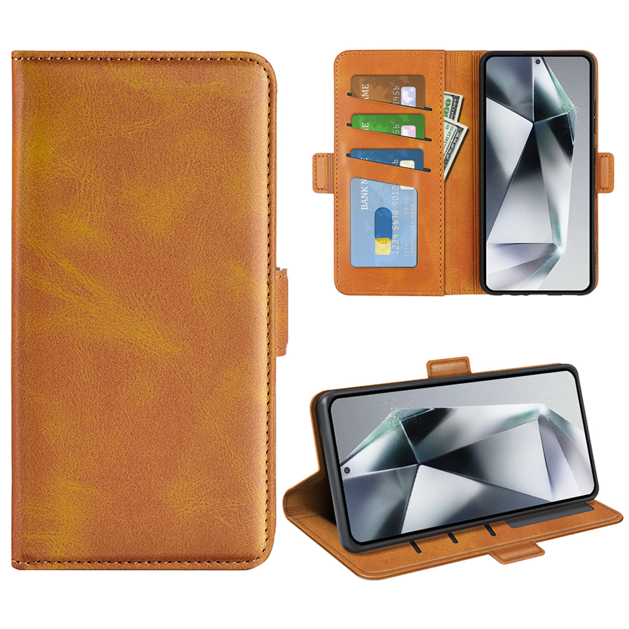 Telefoonhoes open, met een telefoon, creditcards en geld. De hoes is bruin leerachtig met drie weergaven.