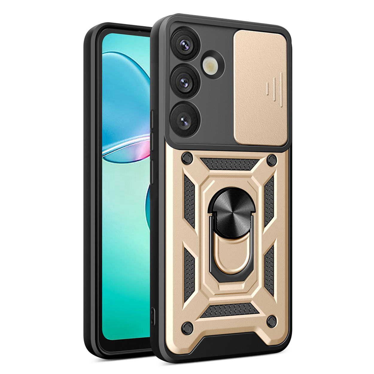 Coque de téléphone noire et dorée avec cache caméra et support de bague, téléphone à l'intérieur.