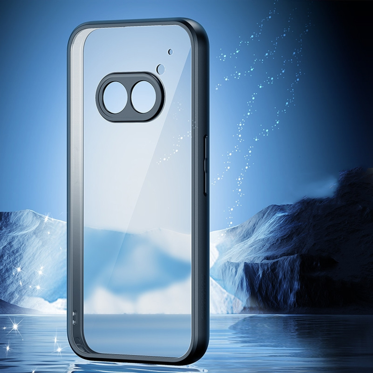 Una custodia trasparente per telefono, che riflette un paesaggio blu con acqua e formazioni di ghiaccio.