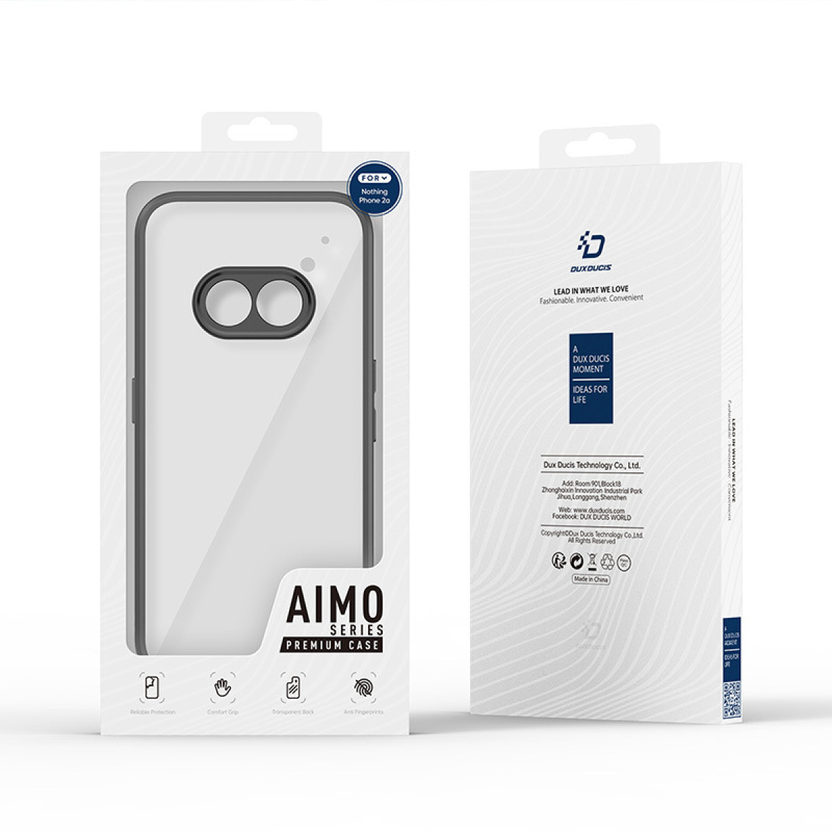 Custodia per telefono nella confezione. Custodia bianca con anello fotocamera nero e due scatole con testo.