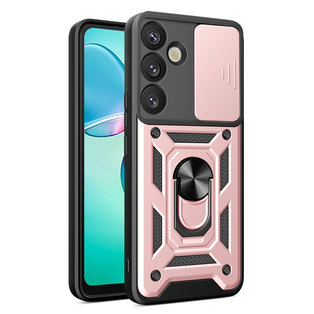 Roze en zwarte telefoonhoes, met een camerabeschermer en ringstandaard. De telefoonhoes staat op een witte achtergrond.