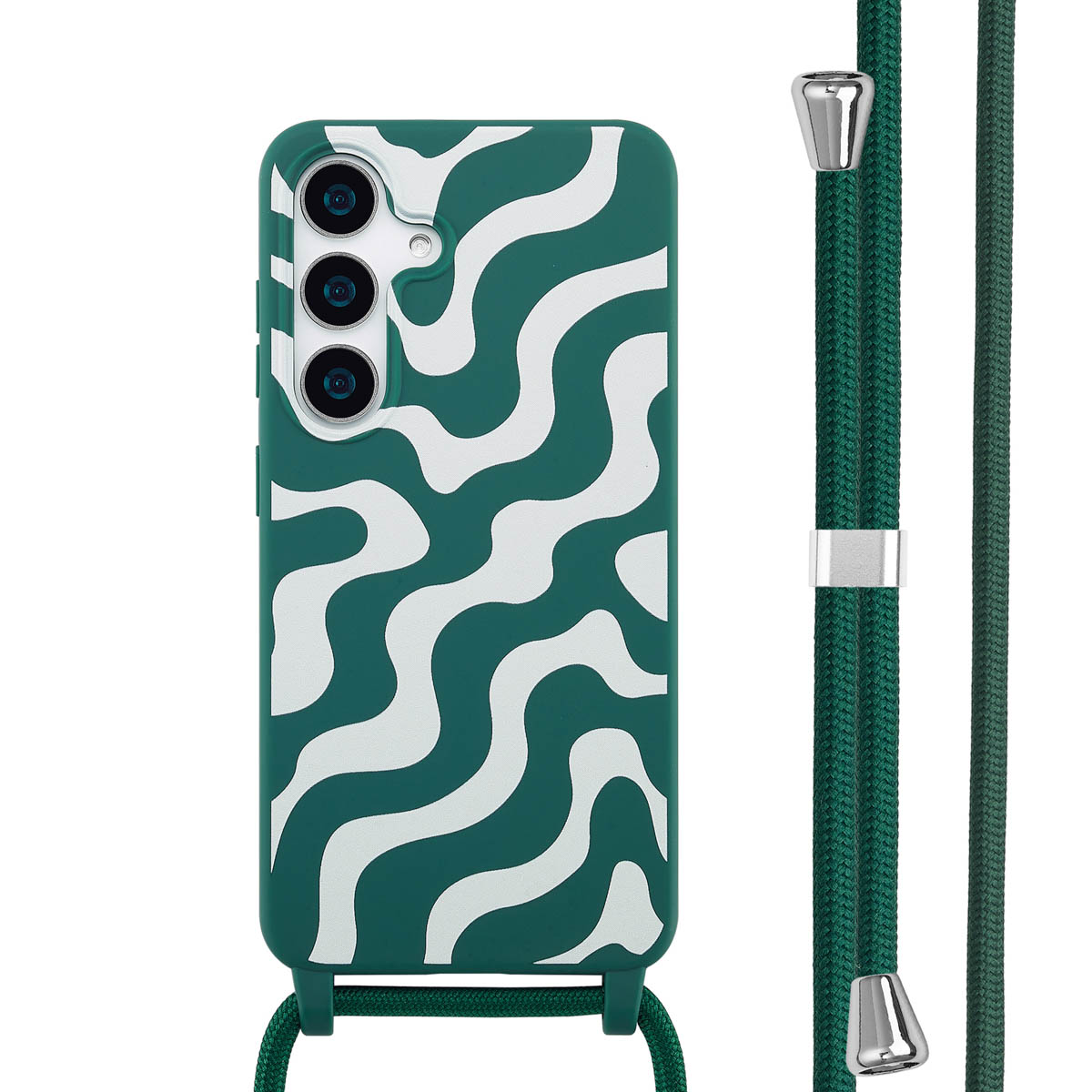 Coque de téléphone verte avec des lignes ondulées blanches. L'étui a une lanière attachée. Fond blanc.