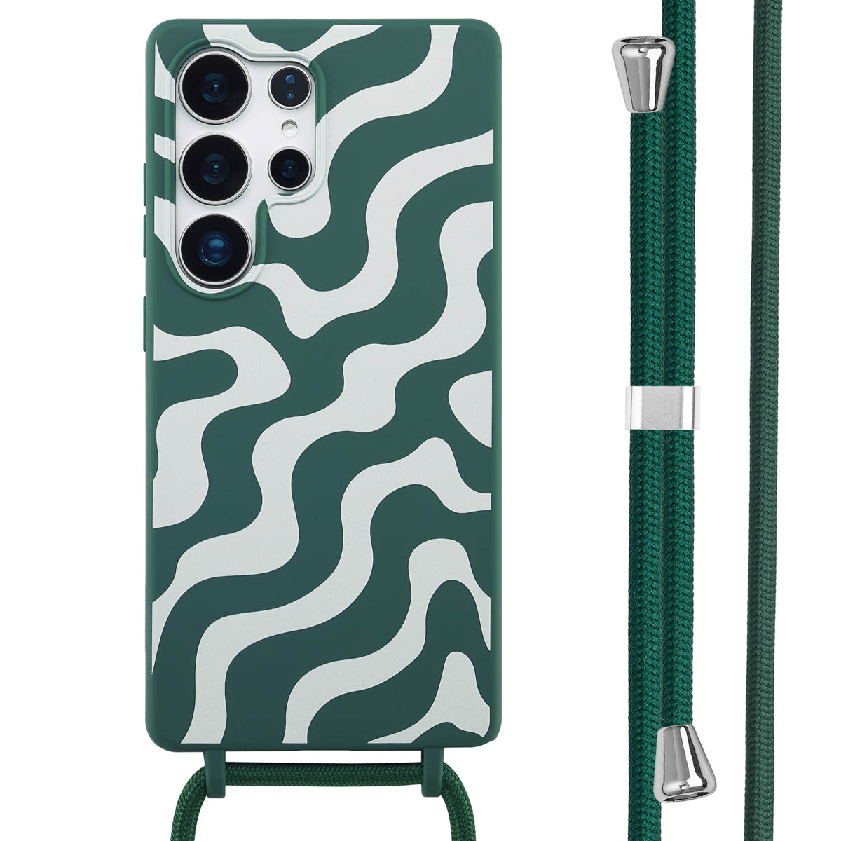Groene telefoonhoes met witte kronkellijnen. De telefoon heeft een riem. De riem is groen. Witte achtergrond.