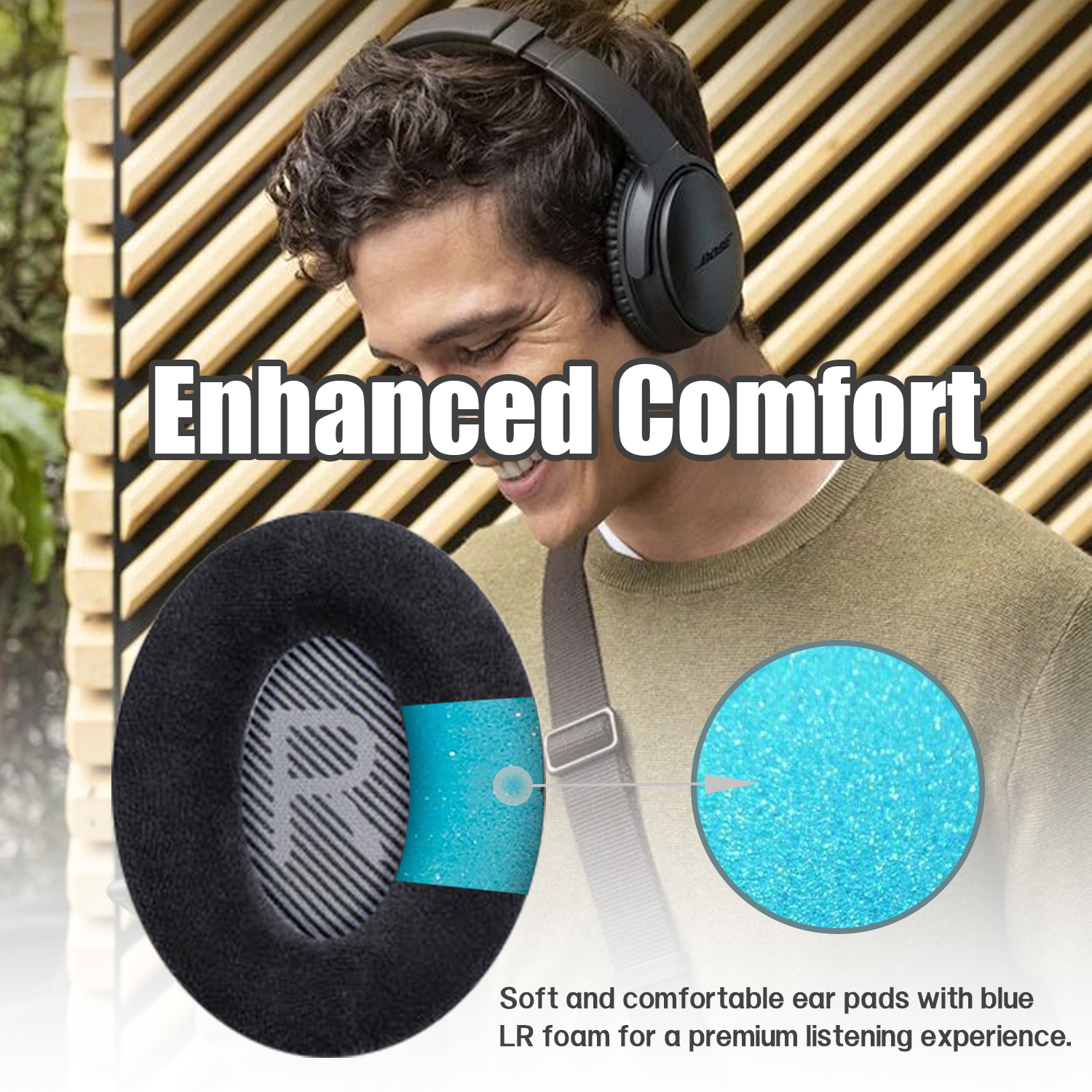 Mężczyzna w słuchawkach, szczegóły wkładek dousznych i tekst 'Enhanced Comfort'.