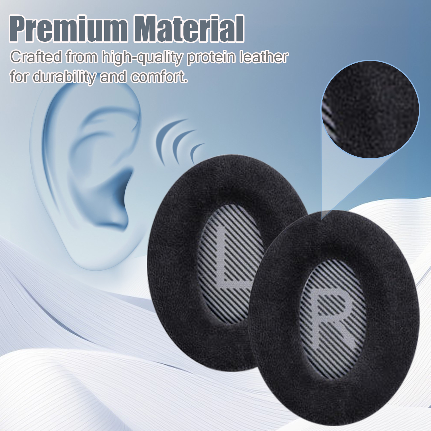 Dwie czarne poduszki do słuchawek z literami L i R. Białe ucho w tle, z niebieskim tłem.