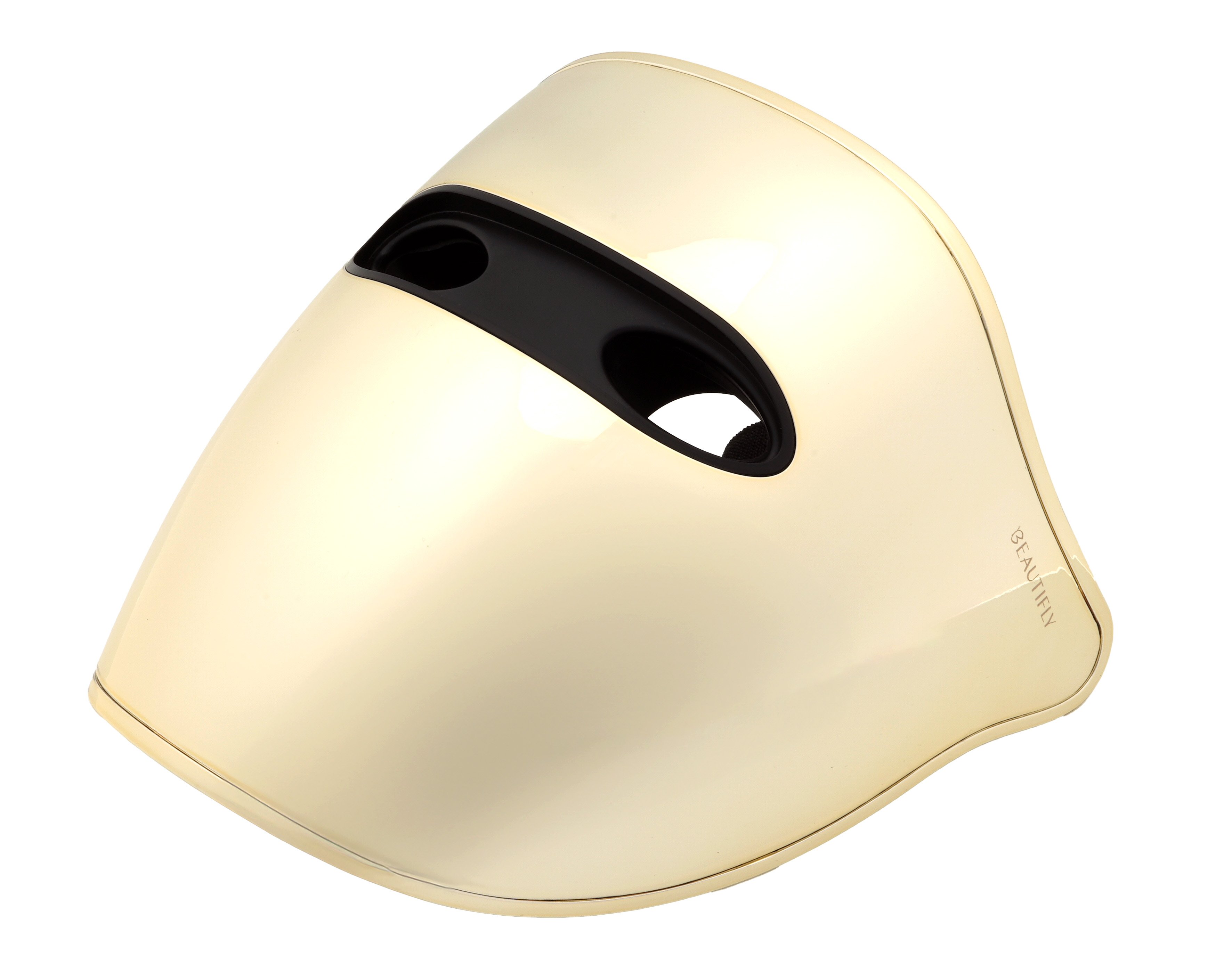 Una maschera per il viso color oro con fori per gli occhi, su sfondo bianco.