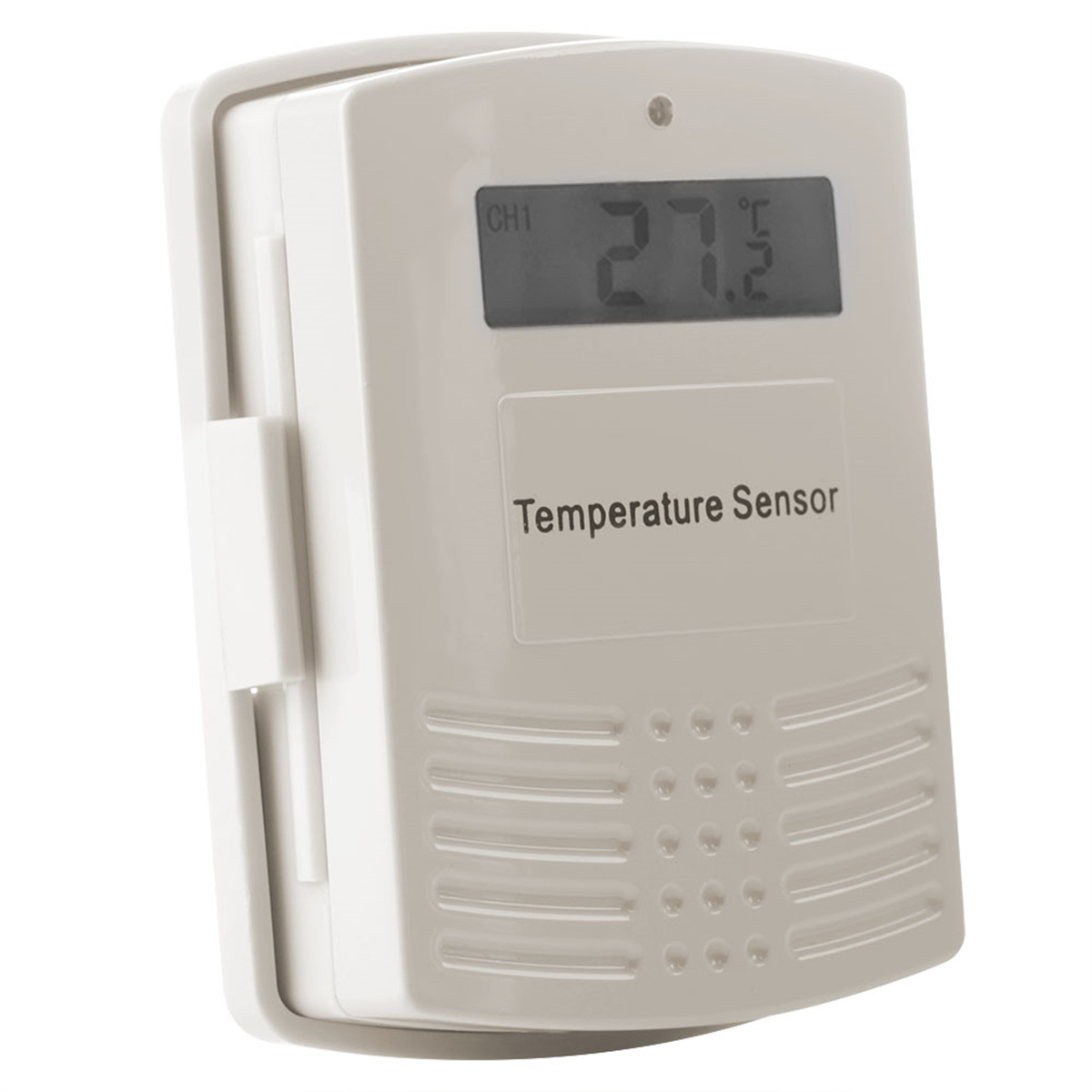 Ein weißer Temperatursensor mit digitaler Anzeige, die 27,2 °C anzeigt.