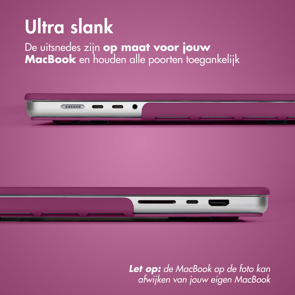 Una funda para MacBook en tono rosa. La funda se muestra lateralmente, resaltando los puertos.