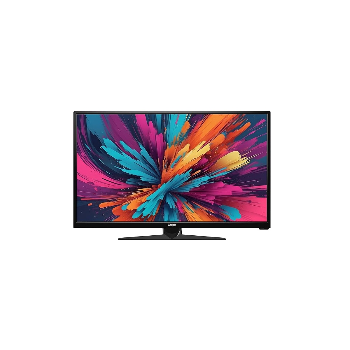 Una moderna televisione, che mostra un'immagine astratta colorata, su un supporto.