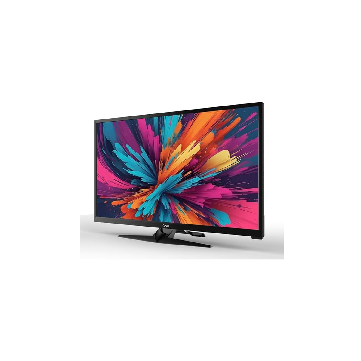 Un televisore nero mostra un design astratto colorato. La TV è su una superficie bianca. Lo sfondo è bianco.
