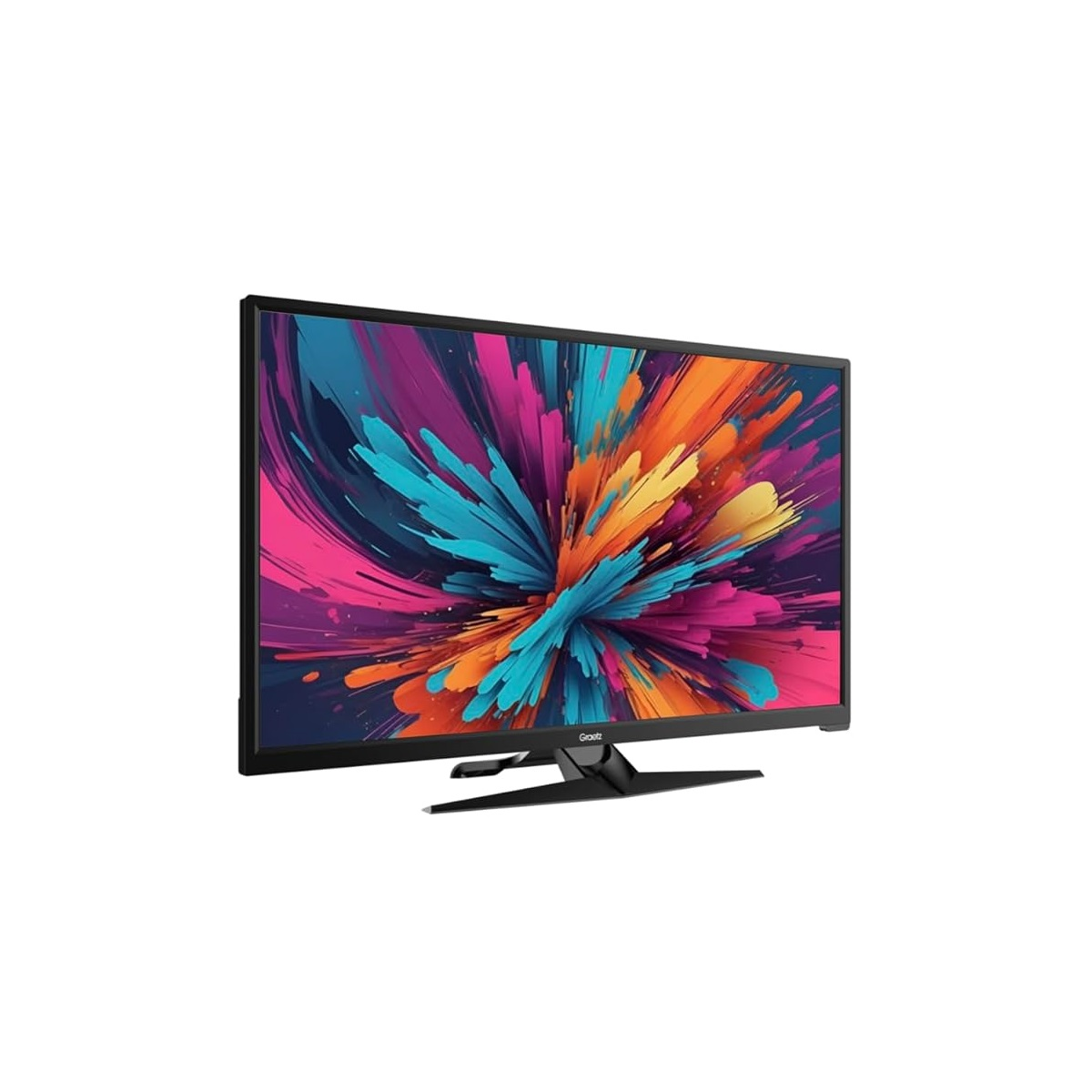 La TV nera mostra un'arte colorata. La TV ha cornice e supporto neri. Lo sfondo è bianco.
