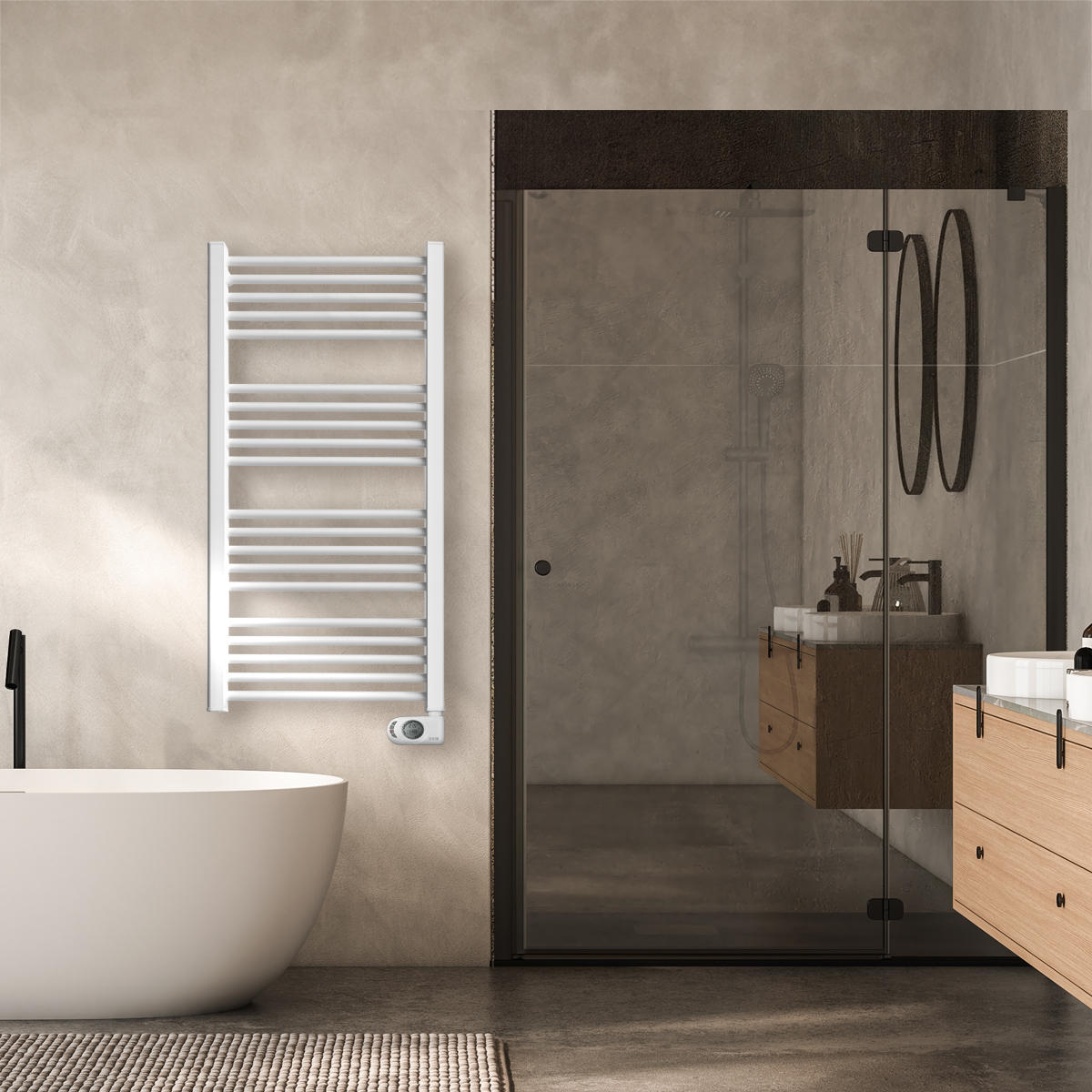 Un bagno con un radiatore bianco a sinistra. C'è una doccia di vetro e un mobiletto.